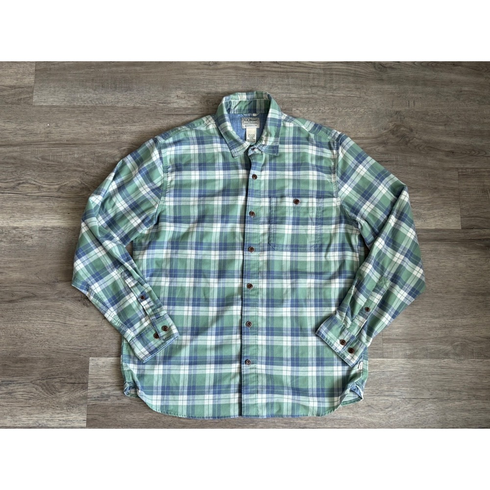 L.L.Bean Plaid Flannel Shirt Men M Traditional Fit Green Blue Stretch‎ Button Up